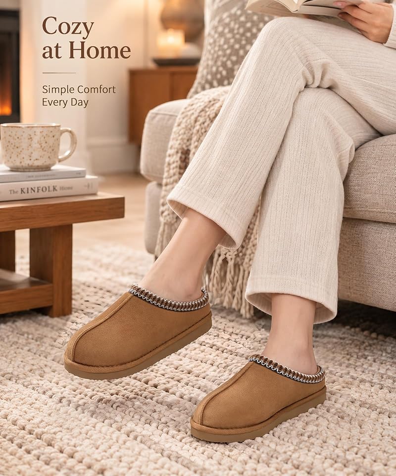 Chestnut Litfun Cozy Memory Foam Slippers for Women - Faux Suede Clog House Shoes, 6.5-7