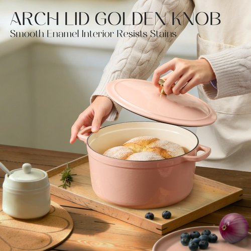 CAROTE 5QT Enameled Cast Iron Dutch Oven Pot with Lid, Heavy-Duty Dutch Ovens for Sourdough Bread Baking, Braising, Roasting, Dual Handles, Healthy & Non-Toxic, All Stovetop Compatible, Oven Safe up to 500° F, Macaron Pink