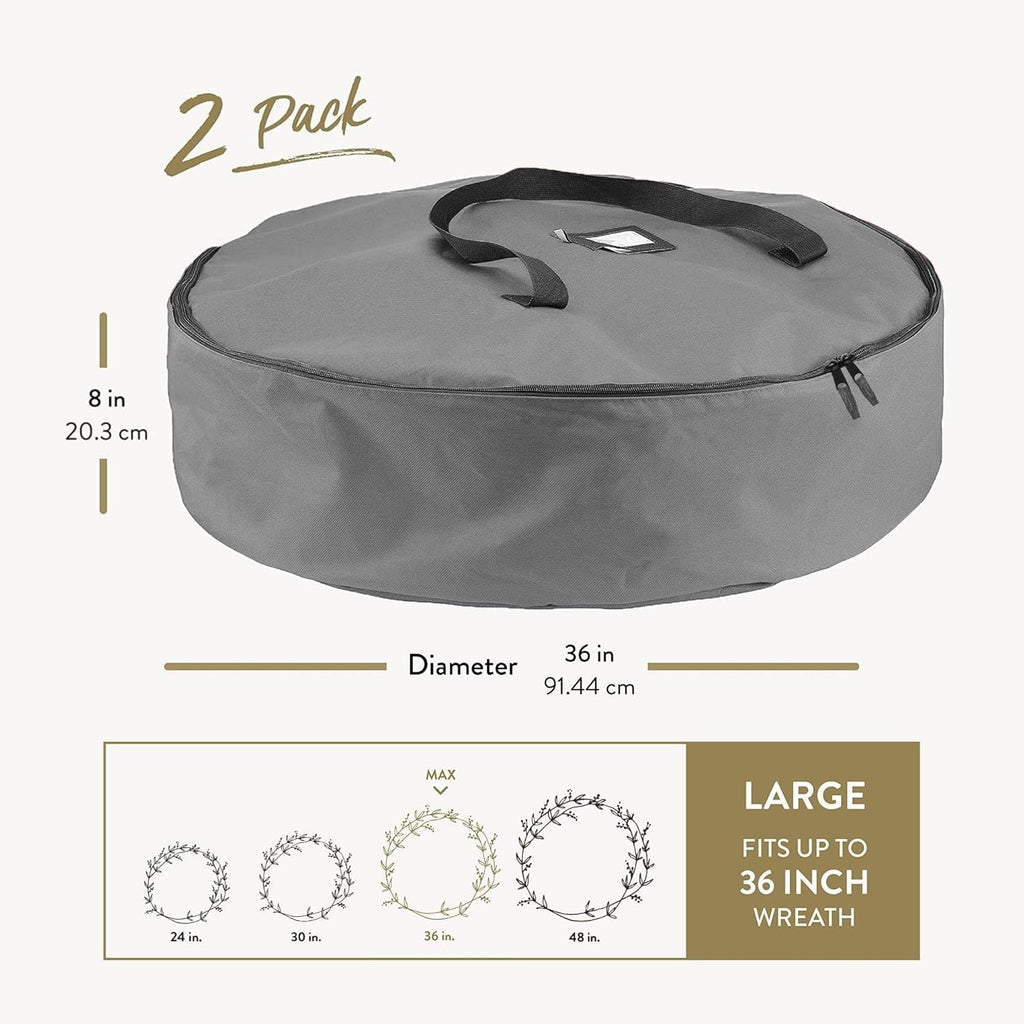 ZOBER Oxford Christmas Wreath Storage Container - 36 Inch Waterproof Bag with Dual Zippers & Durable Handles - Gray