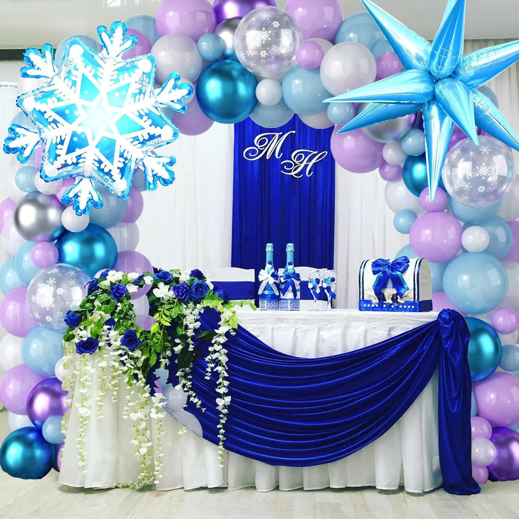 Snow Balloon Garland Arch Kit - Winter Wonderland Decor with Snowflake Balloons in Pearl Blue, Purple & Silver
