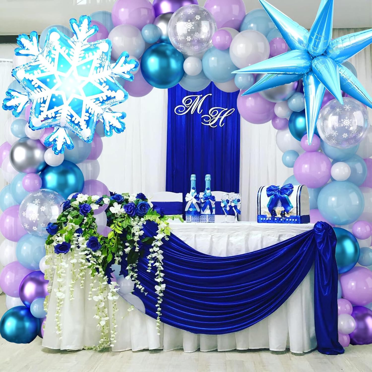 Snow Balloon Garland Arch Kit - Winter Wonderland Decor with Snowflake Balloons in Pearl Blue, Purple & Silver