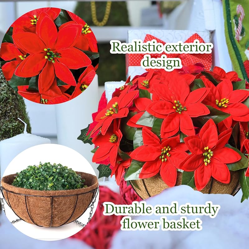 artificial christmas poinsettia hanging baskets 2-pack red flowers