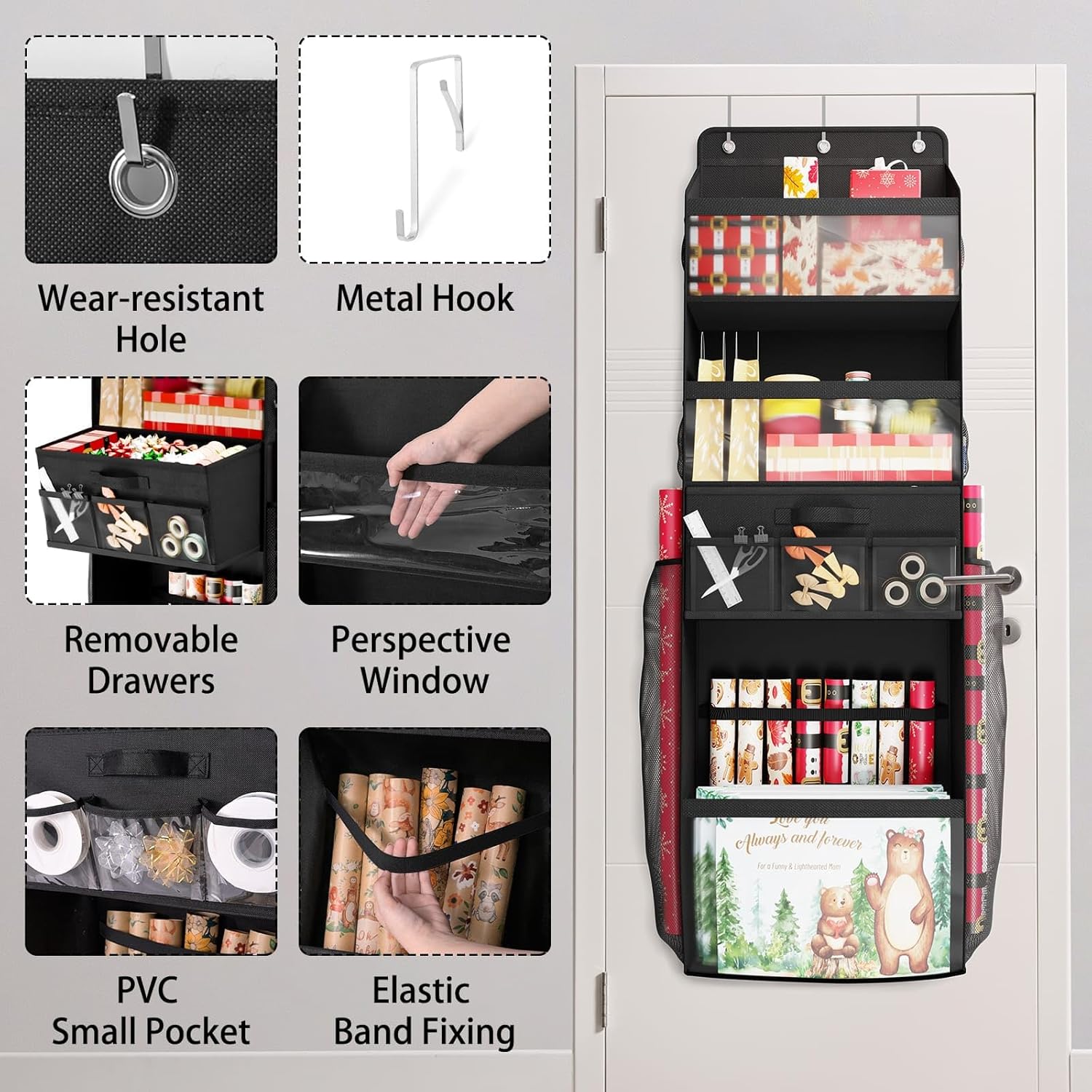 Skiennix Over Door Wrapping Paper Organizer - Multi-Purpose Storage with Removable Drawer & Pockets