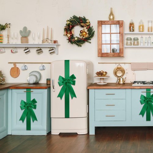 MCEAST 10 Large Green Ribbon Cabinet Door Bows for Christmas Festive Party Supplies, 10 x 87 Inches