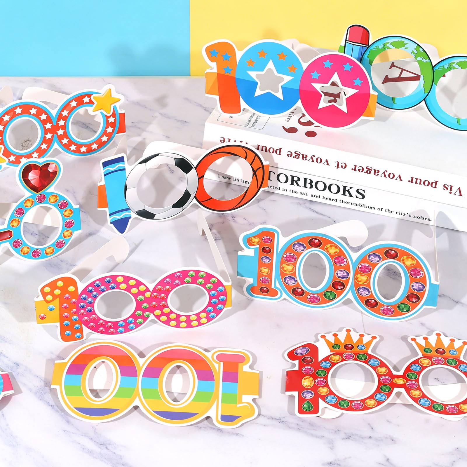 YVAINE 24 Pcs 100 Days of School Party Glasses,Funny Happy 100th Day of School Paper Novelty Glasses Photo Booth Props Frames,100 Days Smarter Costume Supplies Hooray 100 Days Party Eyeglasses