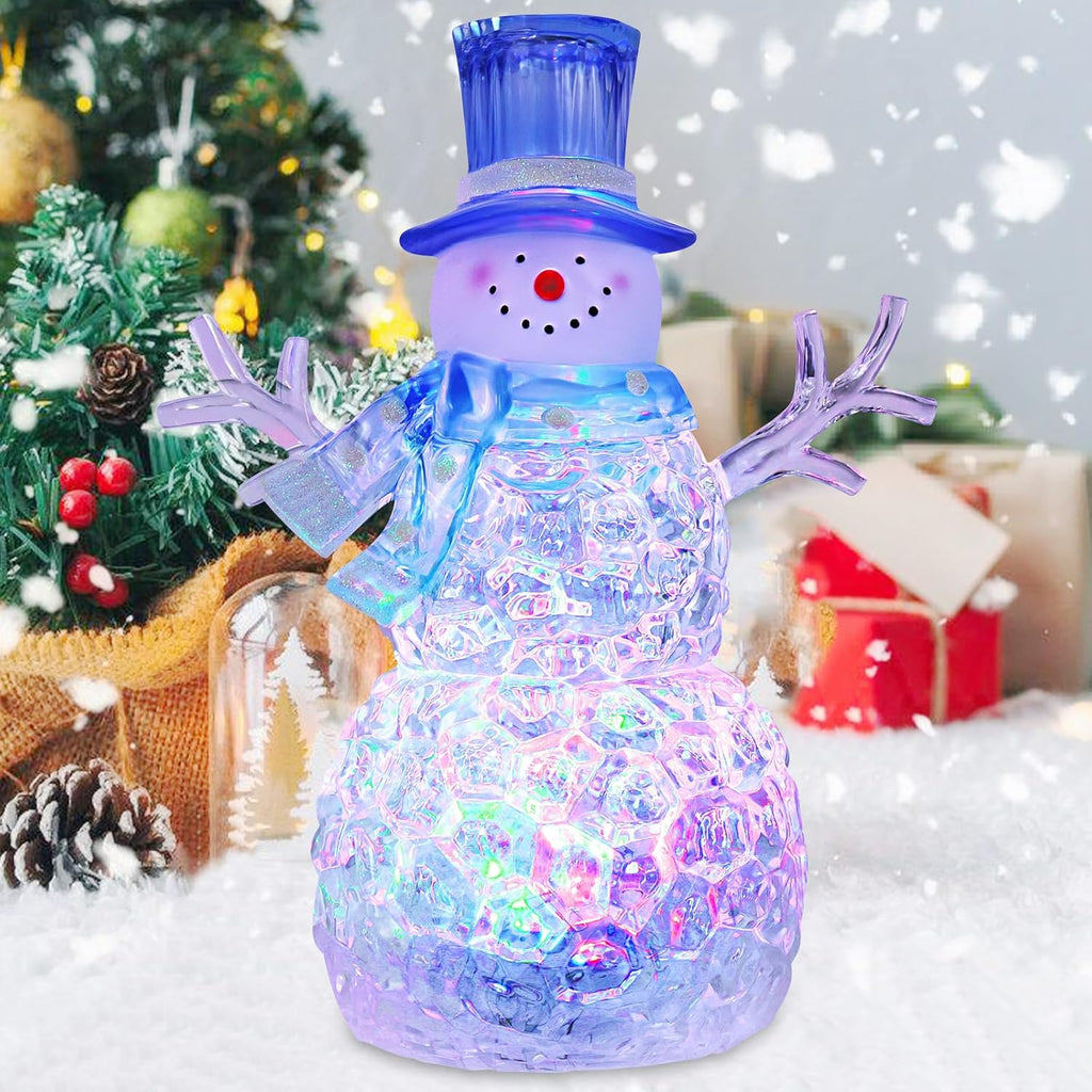 Snowman Christmas Decoration - LED Lighted Figurine with 6-Hour Timer | Battery Operated Acrylic Snowman (Blue Hat)
