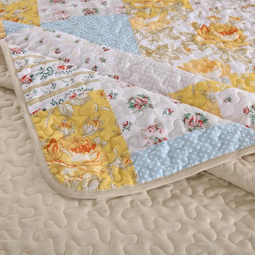 Anibedding Yellow Patchwork Quilt Set Queen Size Boho Floral Plaid Bedspread Coverlet Set, Soft Microfiber Bedding Set Summer Bed Cover, Yellow & Blue Patchwork Farmhouse Bedspread for All Season