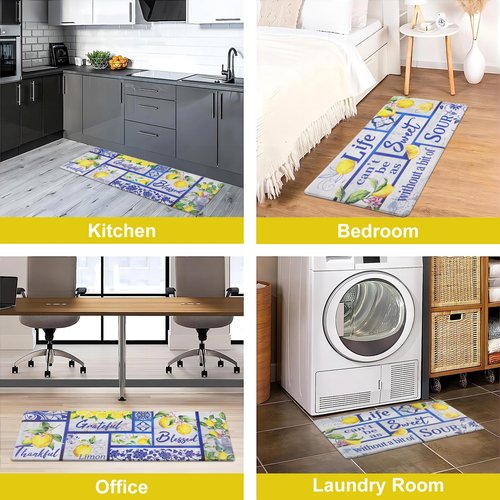Likiyol Kitchen Mats - 2Pcs Set: Anti Fatigue, Non Slip, Lemon Print Design, Washable for Kitchen & Home Floor, 18''x30''+18''x48''