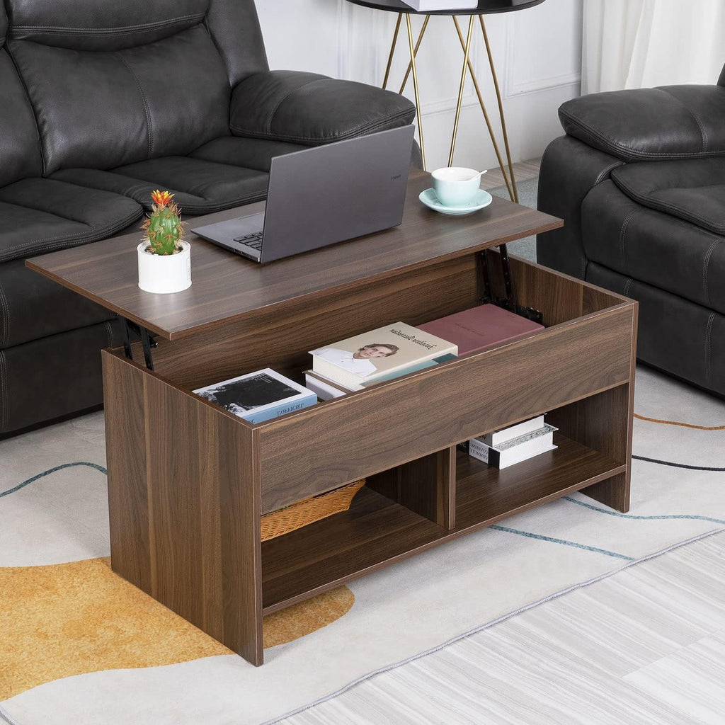 Skiennix Lift Top Coffee Table - Modern Pop-Up Design with Hidden Compartment & Storage Shelf | Brown