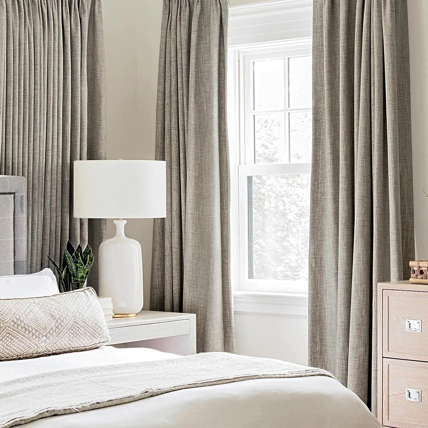MIULEE Blackout Linen Curtains - 100% Thermal Insulated Grommet Drapes | Greige, 52x63 Inch (2 Panels)
