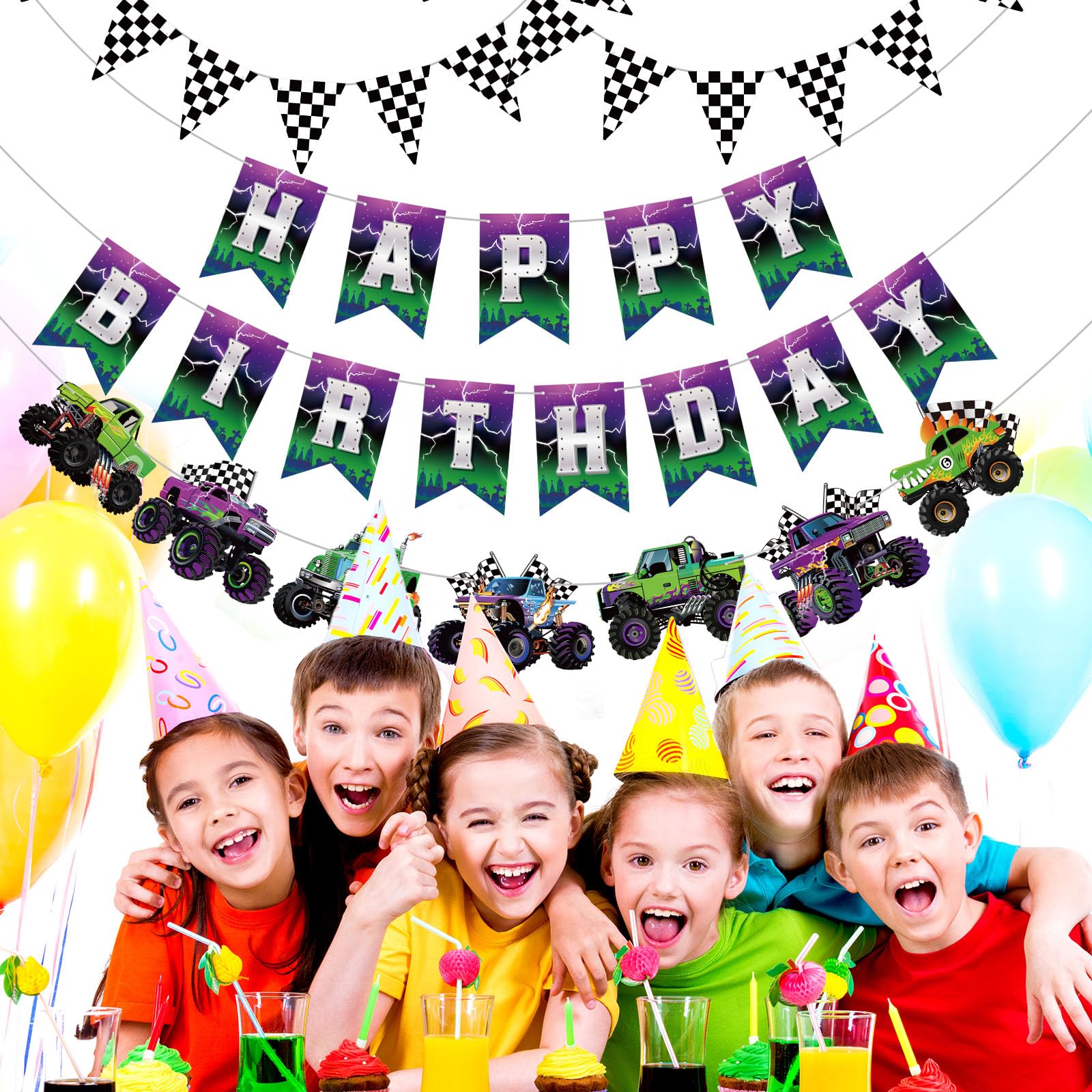 Pasimy 4 Pcs Monster Truck Birthday Banner Cars Truck Garland Black and White Checkered Flags Pennants Green Purple Happy Birthday Bunting Racing Car Theme Party Decorations Supplies