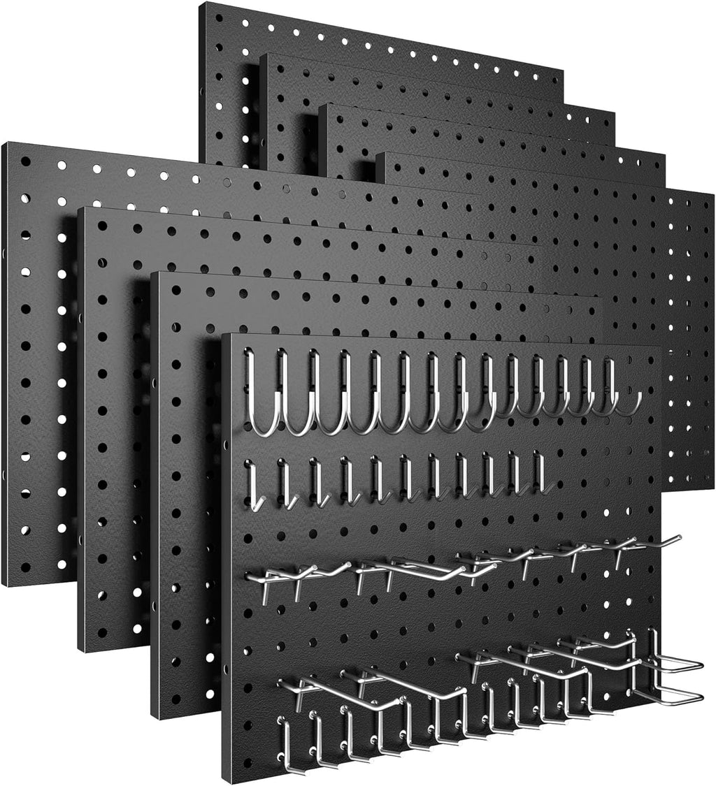 Spampur Metal Pegboard Panels - 8 Pack Heavy-Duty Wall Organizer with 50 Hooks | Black for Home & Garage