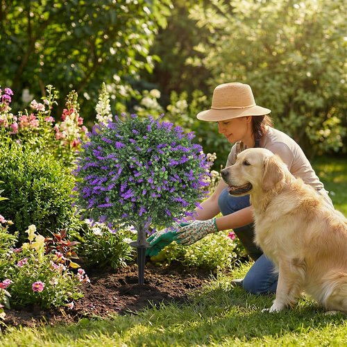 Dense Foliage | 24-Inch Artificial Lavender Topiary Ball Trees - UV Resistant Faux Plants for Outdoor Decor