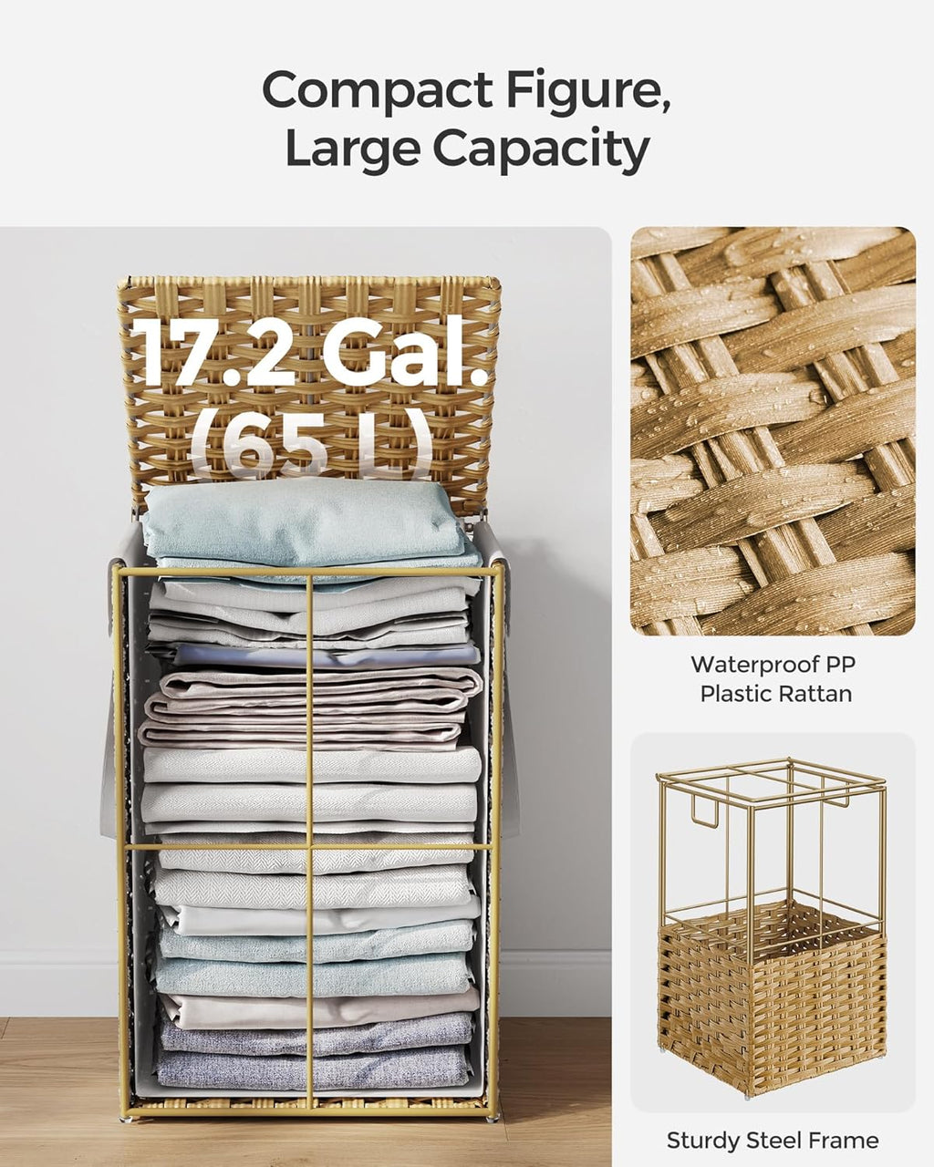 SONGMICS Laundry Hamper - 17.2 Gallon Synthetic Rattan Basket with Lid & Handles | Foldable, Goose Yellow