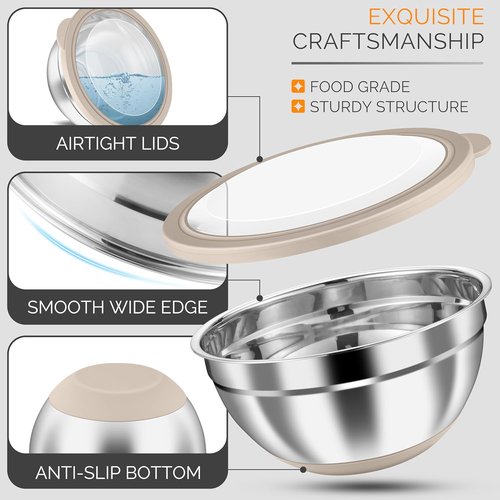 HaWare 24-Piece Stainless Steel Mixing Bowls Set - Airtight Lids & Graters | Kitchen Prep & Storage, Khaki