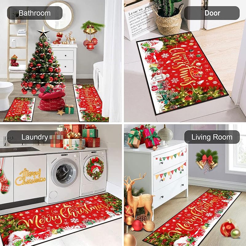 Merry Christmas Kitchen Rugs Set of 2, 17x47 and 17x30, Non-Slip Washable Mats for Christmas Decor