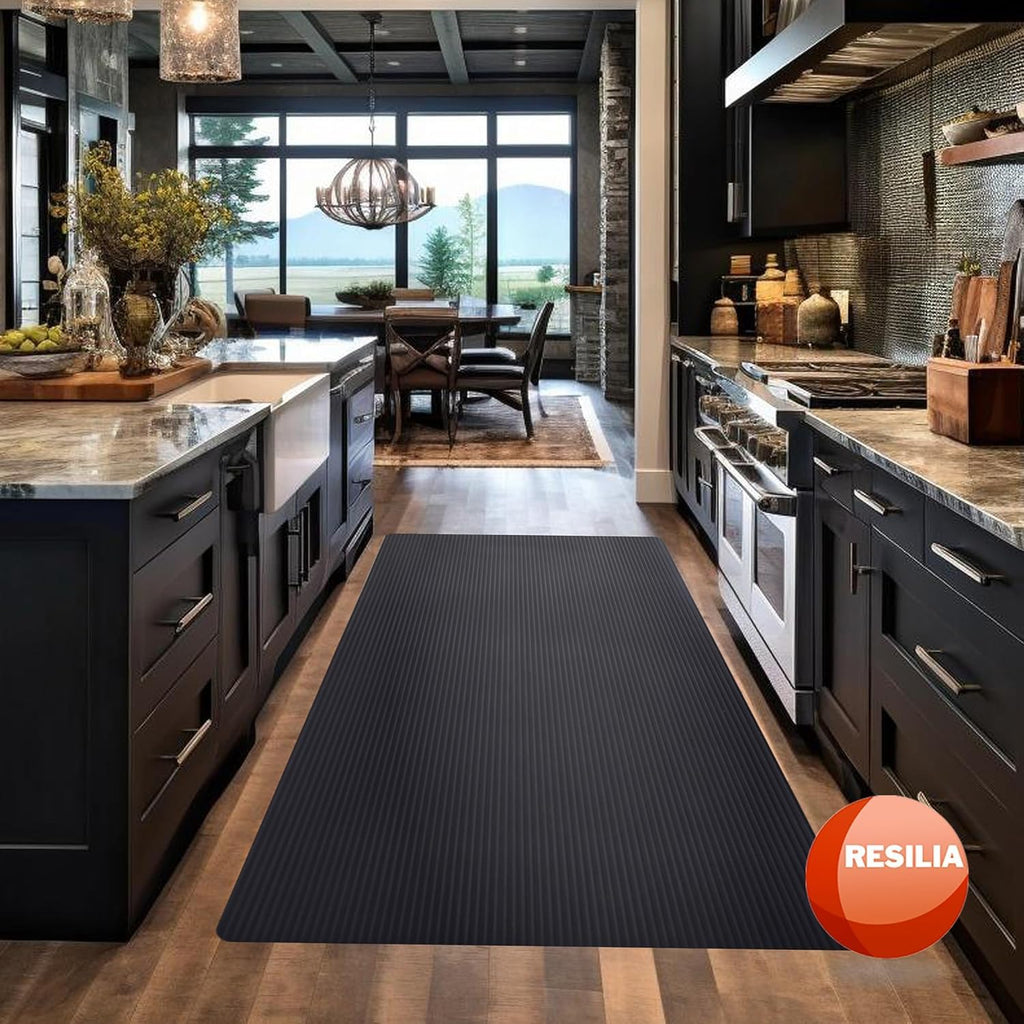RESILIA Black Plastic Floor Runner - Embossed Wide Rib Waterproof Vinyl, Heavy Duty Protector Mat for Indoor Hardwood, Hard Floors, Garage, Entryway, Kitchen, & Outdoor Use, 15" x 48", Made in USA