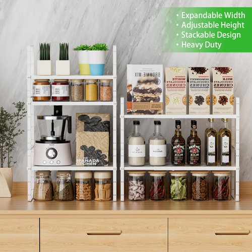 SOFRON Expandable Cabinet Storage Shelf Stackable Organizer Rack for Kitchen Bathroom Pantry Spice Cupboard Countertop Home Office Desk Heavy Duty Nonslip White Large 2 PACK