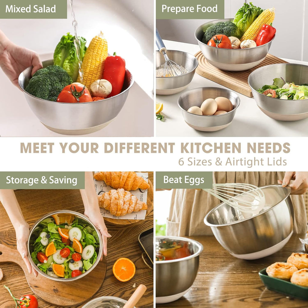 Umite Chef Mixing Bowls - 6-Piece Stainless Steel Set with Airtight Lids & Non-Slip Bottoms | Khaki