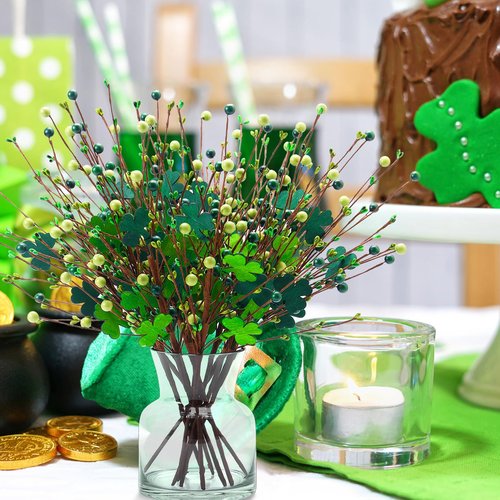 Lcuasc 8 Pack St. Patrick's Day Branches 16 Inch Artificial Shamrock Flower Picks Shamrock Berry Stems for St. Patrick's Day Home Centerpiece Decor (Green)