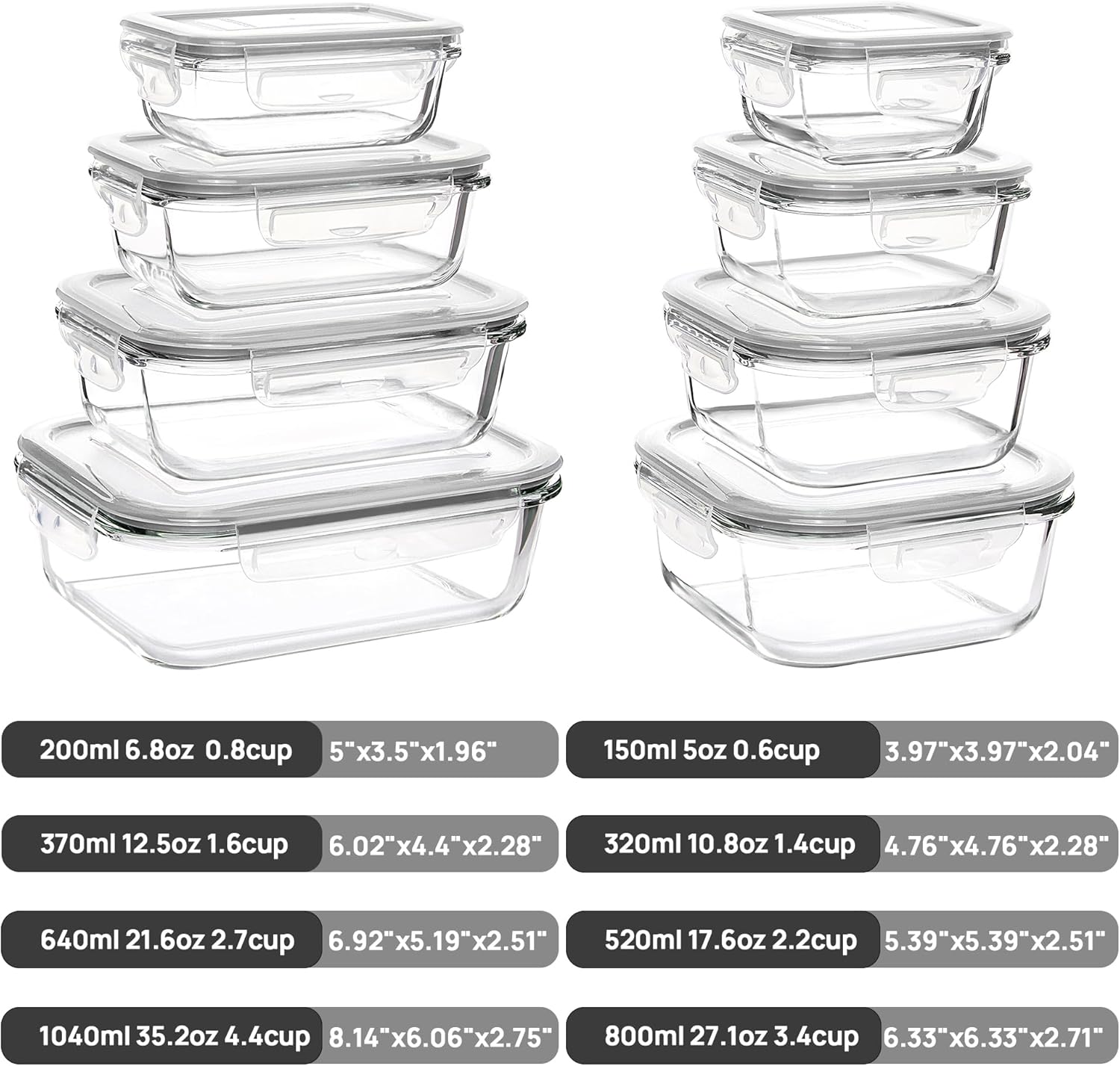 Vtopmart Glass Food Storage Containers - 8 Pack with Airtight Lids | BPA-Free Meal Prep for Microwave, Oven, Freezer