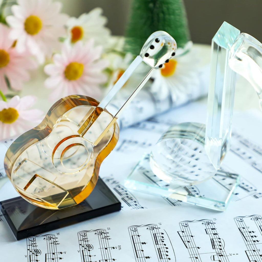 QFkris Crystal Guitar Figurine - Blown Glass Musical Sculpture & Paperweight | Champagne Color