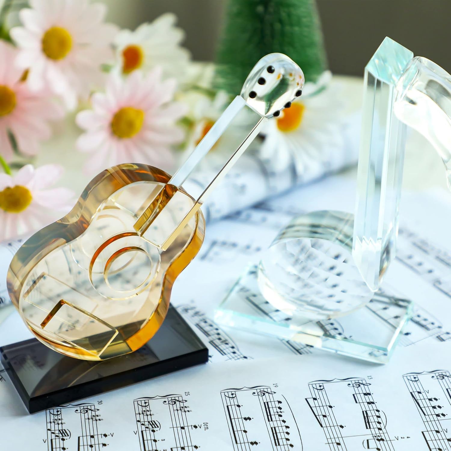 QFkris Crystal Guitar Figurine - Blown Glass Musical Sculpture & Paperweight | Champagne Color