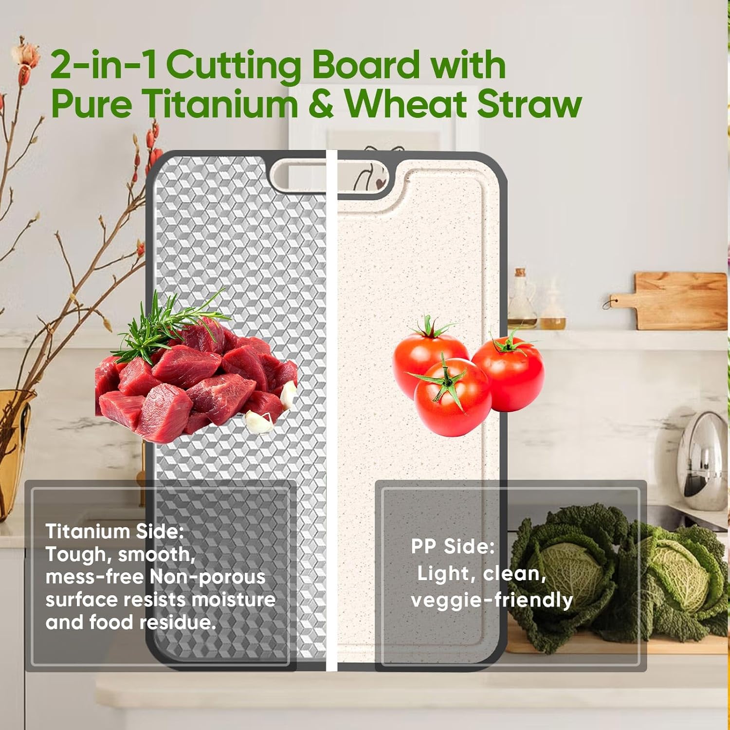Titanium Cutting Board - Double-Sided Medical-Grade Design | Large Chopping Board with Juice Groove for Meat & Veggies