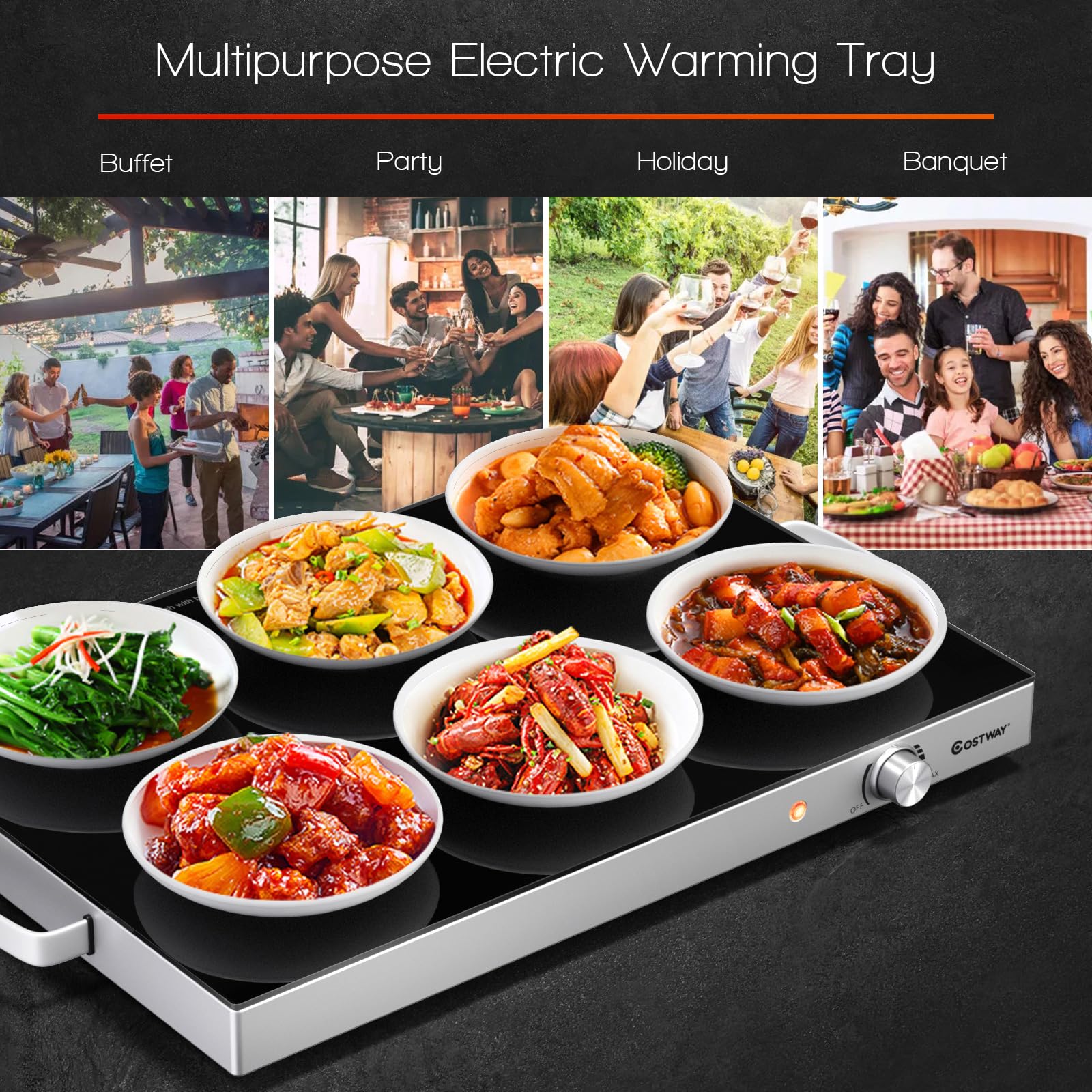 COSTWAY Electric Food Warming Tray, 25" x 15" Food Warmer for Parties with Adjustable Temperature Control, ETL Certified, Tempered Glass Surface, Electric Hot Plate for Buffets, Restaurants (1)