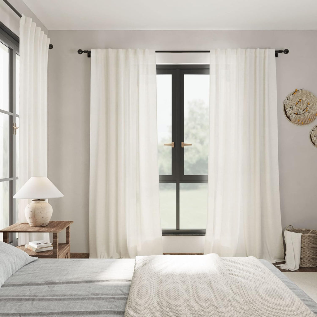 Skiennix Cream Linen Back Tab Curtains - 84 Inch Length | 2 Panel Set for Modern Farmhouse Decor