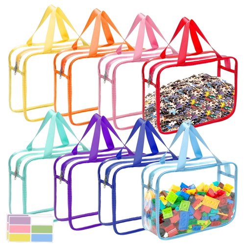 8 Packs 8 Colors Large Toy Storage Bags with Zipper and Labels, Clear PVC Waterproof Toy Organizers Bags for Board Games, Puzzles Pieces, Building Blocks, Handmade Accessories, Kid Books