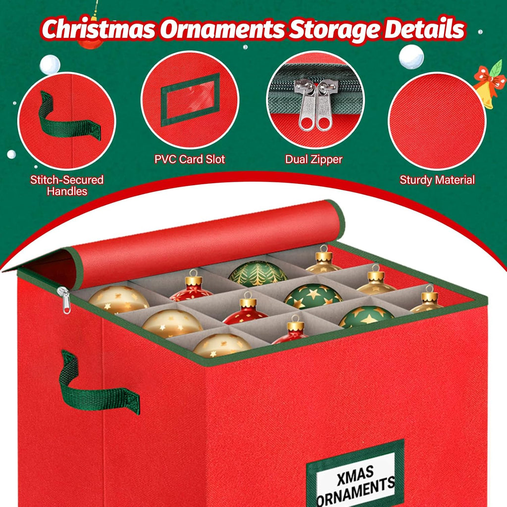 StorageRight Christmas Tree Bag & Ornament Storage Box Set - Water-Resistant 7.5 Ft Tree Storage & 64-Compartment Organizer in Red