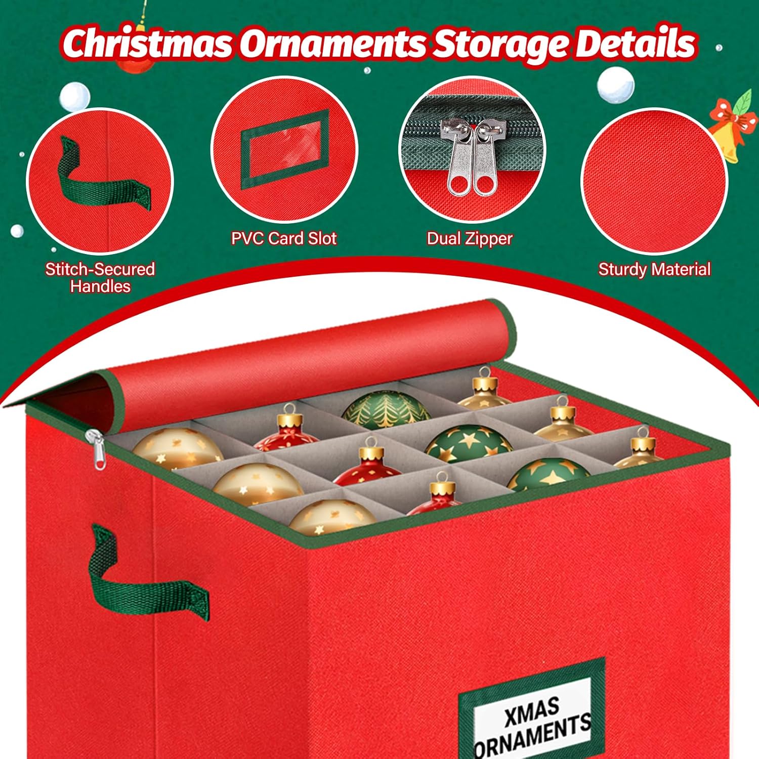 StorageRight Christmas Tree Bag & Ornament Storage Box Set - Water-Resistant 7.5 Ft Tree Storage & 64-Compartment Organizer in Red
