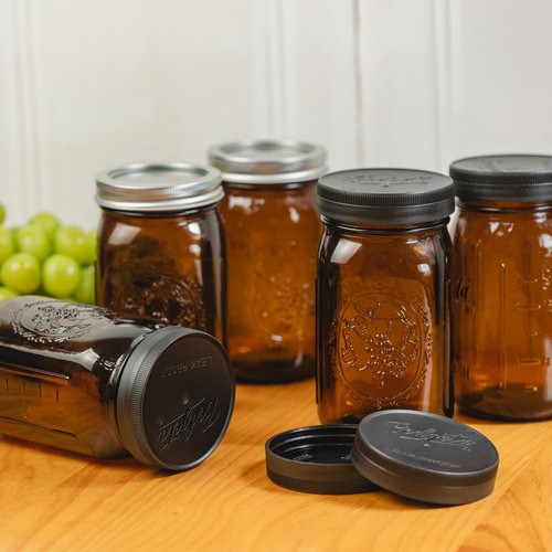 Yodecy 6 Pack 32 oz Amber Wide Mouth Mason Jars with Airtight Lids and Black Plastic Mason Jar Lids, Amber Canning Jars