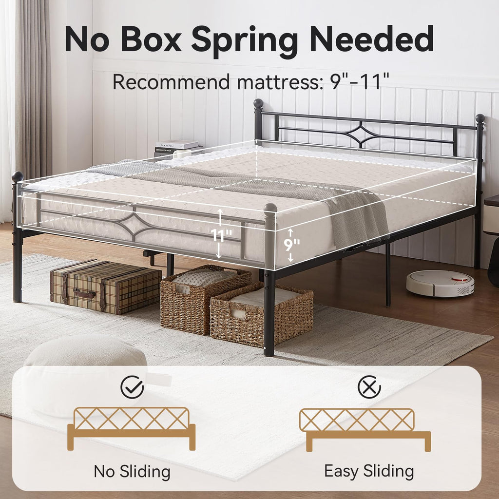 BedsPick Queen Size Metal Bed Frame with Headboard and Footboard, Platform Bed Frame with Premium Steel Slats Support/12.5'' Under Bed Storage Space/No Box Spring Needed/Noise Free/Easy Assembly/Black