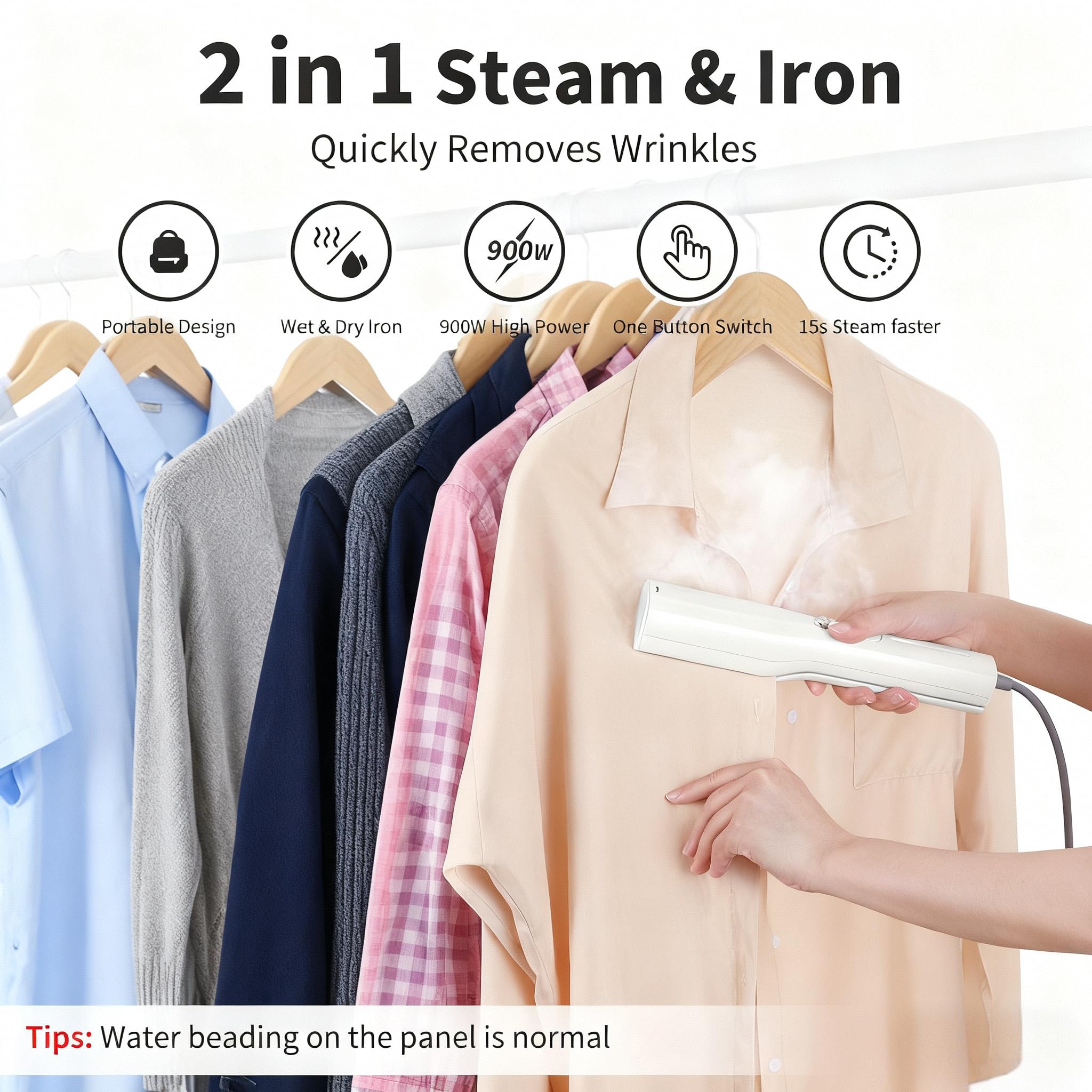 Portable 3-in-1 Clothes Steamer Iron - Handheld Mini Steam Iron, Wet & Dry Ironing, 15s Fast Heat, 900W Powerful Steam, Compact Travel Wrinkle Remover for Home & Office, Includes Travel Bag (120V)