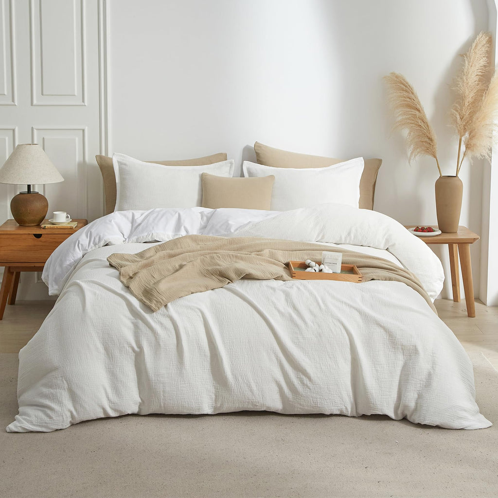 Bailix Muslin Duvet Cover Set Queen Size, 100% Washed Cotton Gauze Duvet Cover for All Seasons, Linen Like, 3 PCS, 1 Fluffy Duvet Cover(90"x90") with 2 Pillow Shams(20"x26"), White
