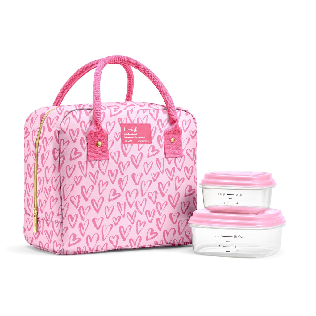 Fit & Fresh Bloomington Lunch Bag for Women - Insulated Large Lunch Box for Work with Containers, Leak-Resistant, Stain-Resistant, Zipper Closure, Pink Doodle Hearts