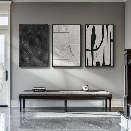 Framed 3D Textured Black and White Abstract Wall Art by [Brand Name] - Modern 3-Piece Set for Living Room | Minimalist Decor 24x36 In