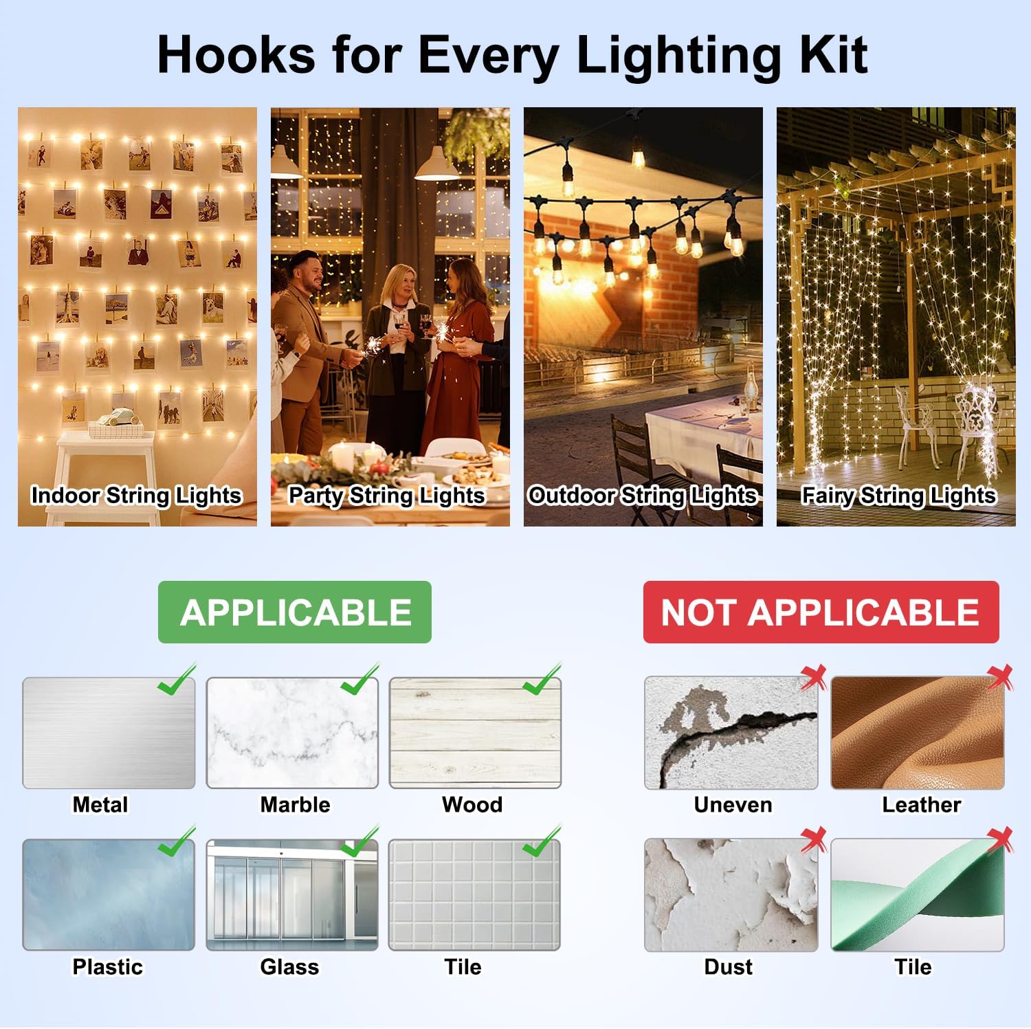Outdoor Light Clips - 50 Heavy-Duty Waterproof Adhesive Clips for Hanging LED Lights | Perfect for Weddings & Patios