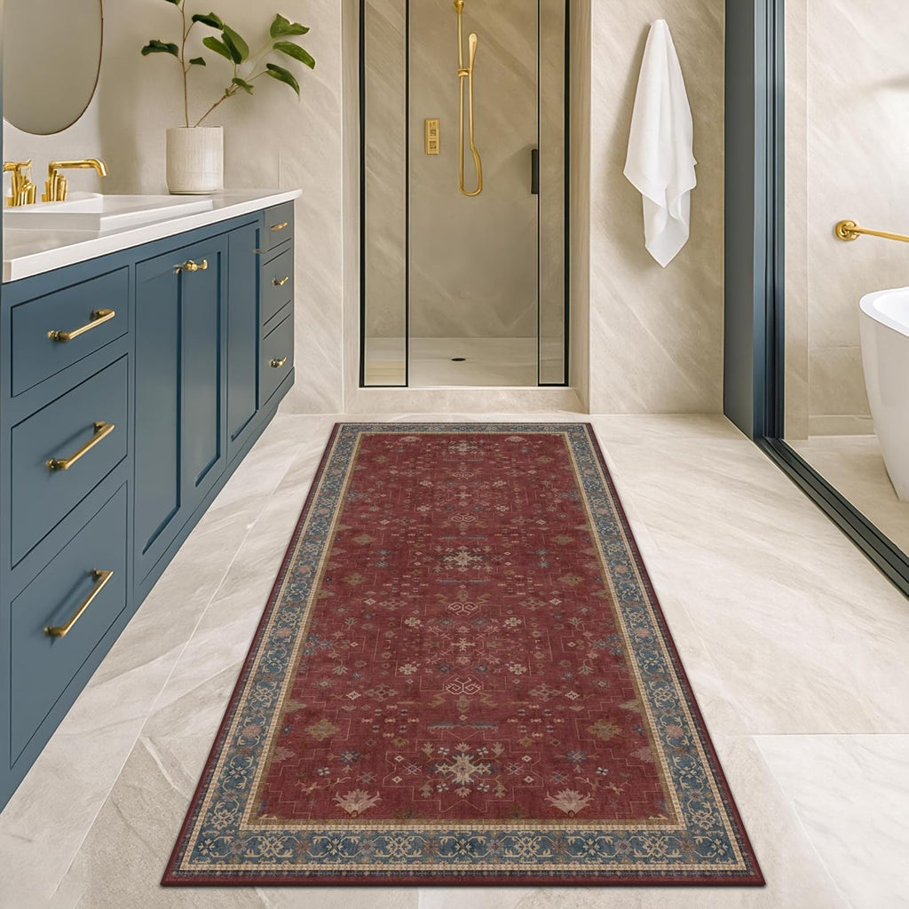 Turkish Kitchen Runner Rugs - Non-Skid, Washable Design for Hallway, Bedroom, Bathroom | Dark Red