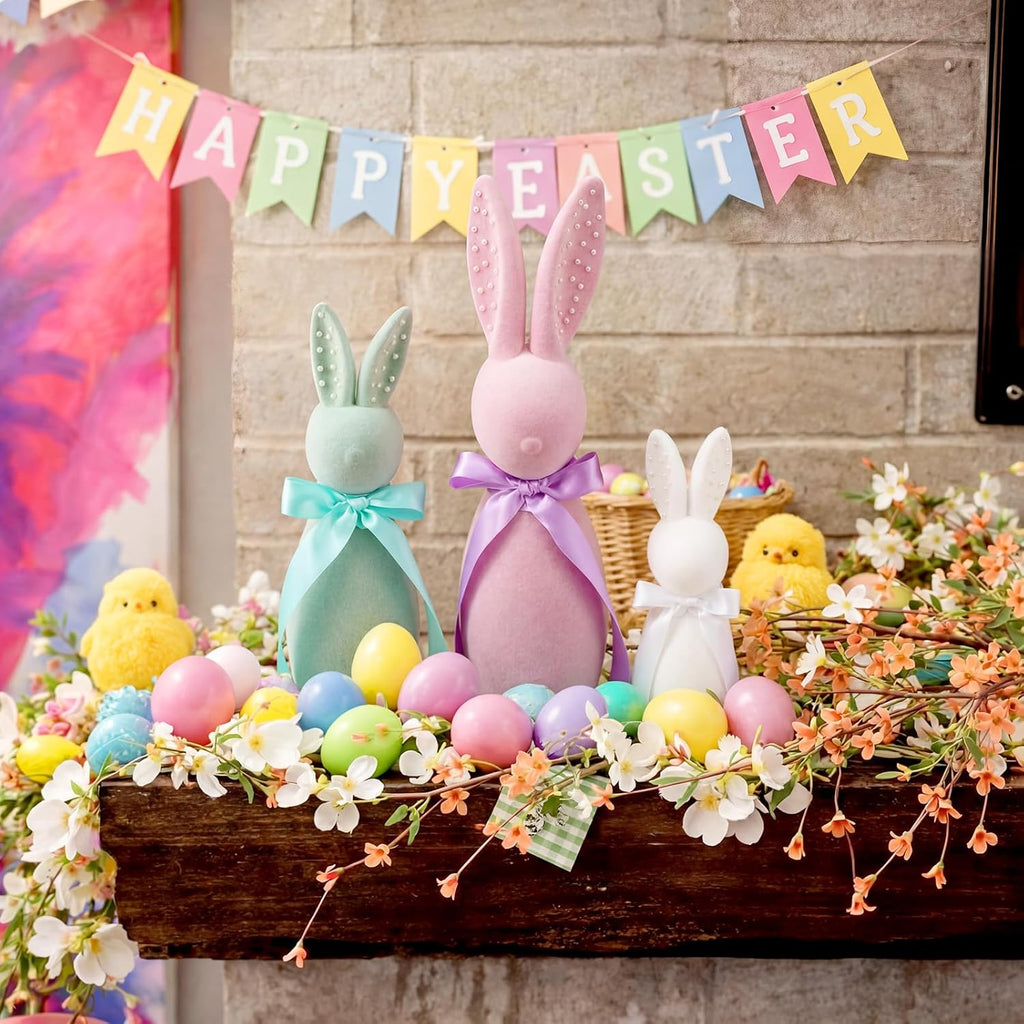 Wesiti Flocked Bunny Easter Decorations - 3 Pack Pastel Bow Table Centerpieces (8", 10", 12")