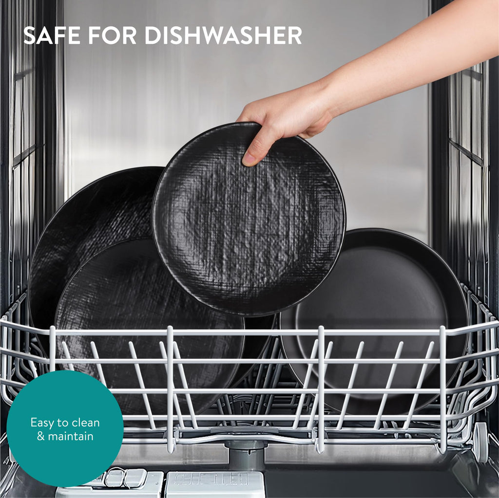 Navaris Linen Artisan Stoneware Dinnerware Set (18 Pieces) - Dishwasher & Microwave Safe Plates & Bowls for 6 with Dinner, Side Plates & Pasta Bowls - Charcoal Black