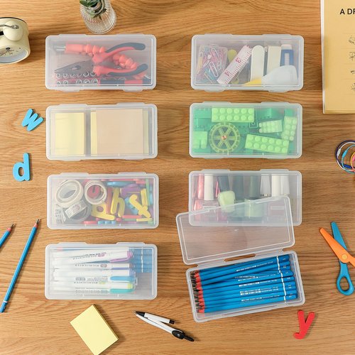 Swuj 8-Pack Clear Pencil Cases and Pencil Boxes, Stackable Plastic Pencil Box with Snap Lid, Large Capacity for Markers and Art Supplies for School, Office and Desk Organization – Rectangular Large
