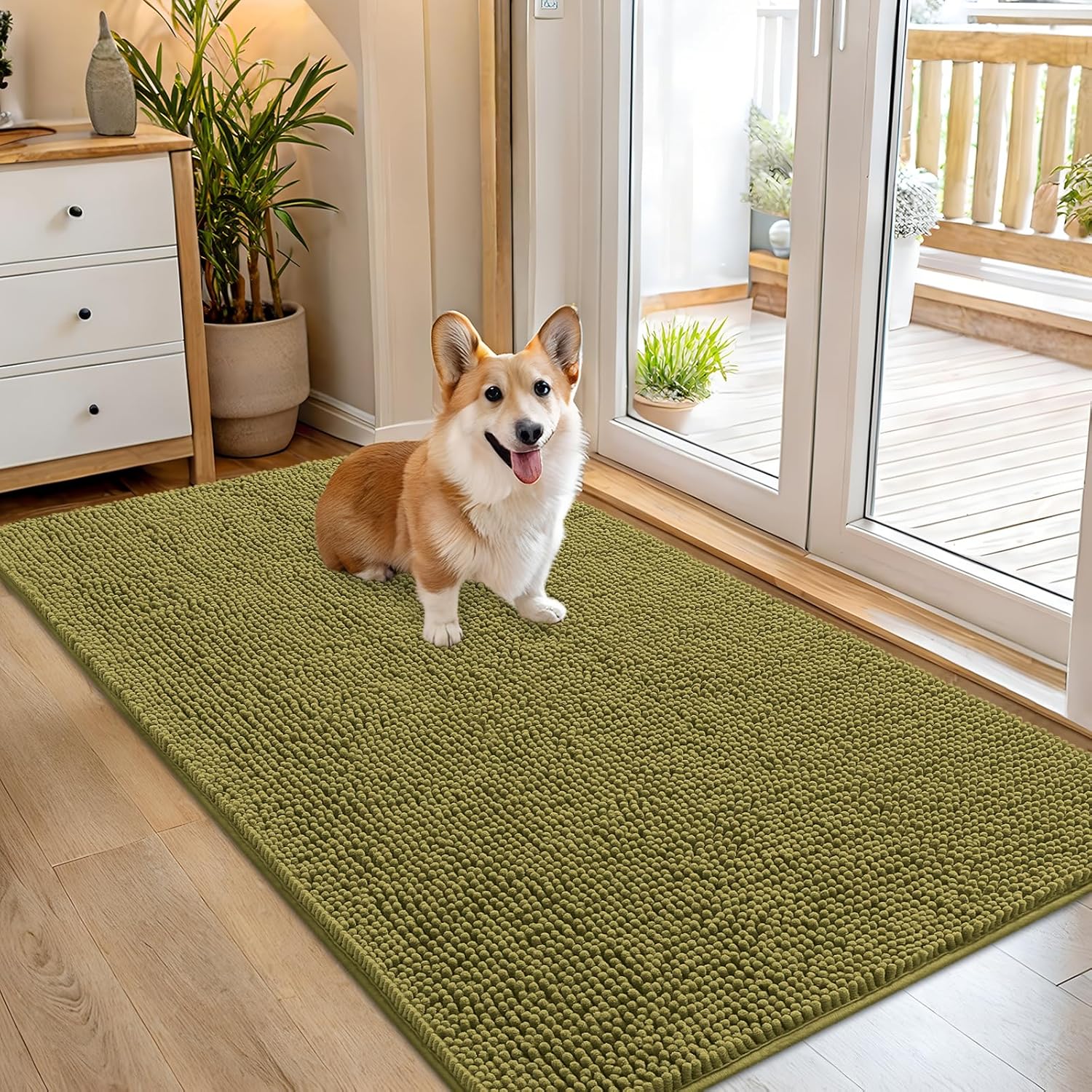 OLANLY Dog Door Mat - Absorbent Non-Slip Washable Doormat for Muddy Paws | 54x32, Quick Dry Chenille, Willow Green