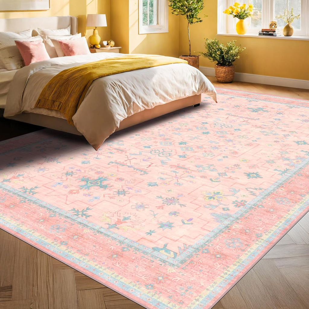 Oushak Rugs | Washable Pink & Blue 9x12 Area Rug for Living Room & Bedroom | Soft, Non-Slip, Floral Design