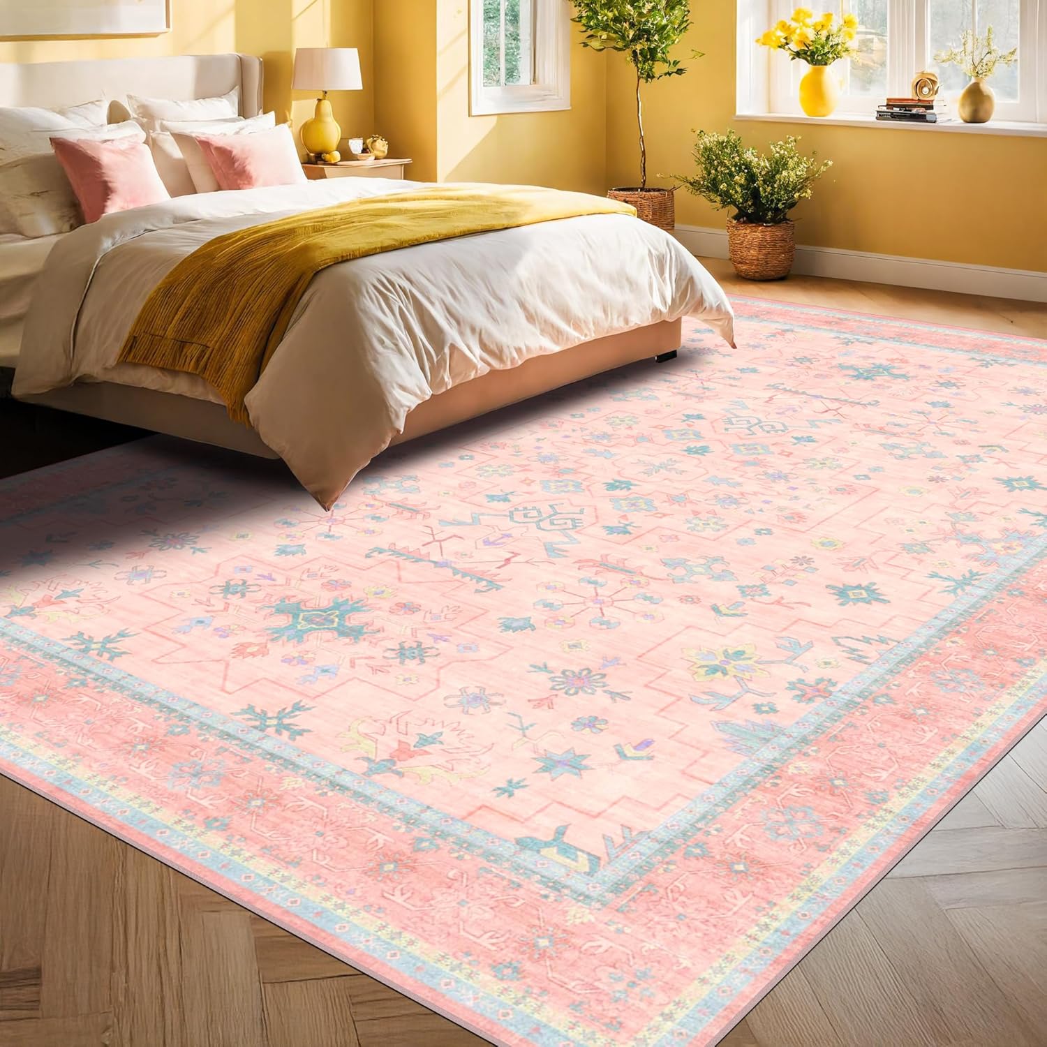 Oushak Rugs | Washable Pink & Blue 9x12 Area Rug for Living Room & Bedroom | Soft, Non-Slip, Floral Design