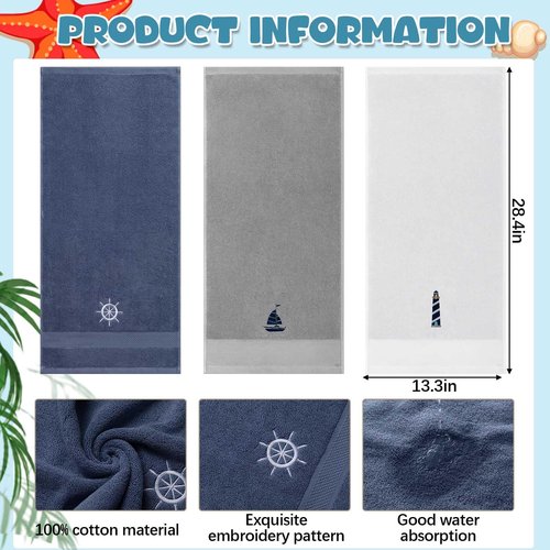 HunnmingRe 3 Pcs Nautical Hand Towels 13.3 x 28.4'' Nautical Bathroom Decor Summer Dark Blue White Cotton Dish Towels Coastal Boat Owners Gift for Home Bath Kitchen Beach Accessories