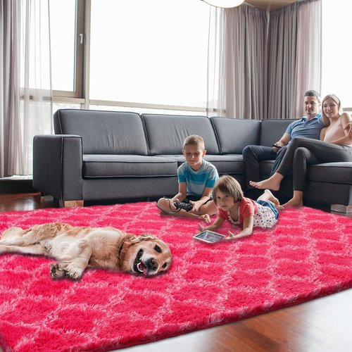 Puremy Shag Area Rug 5x7 Feet Extra Soft Rugs for Living Room, High Pile Indoor Carpet for Bedroom, Kids Room, Nursery, Home Decor, Geometric, Hot Pink/White