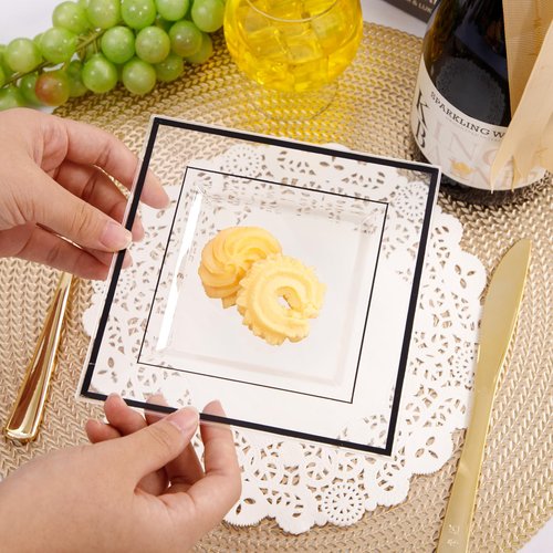 bUCLA 100PCS Black Square Plastic Plates Disposable - 6 inch Clear and Black Dessert/Cake Plates - Premium Hard Square Small Appetizer for Party, Halloween & Graduation